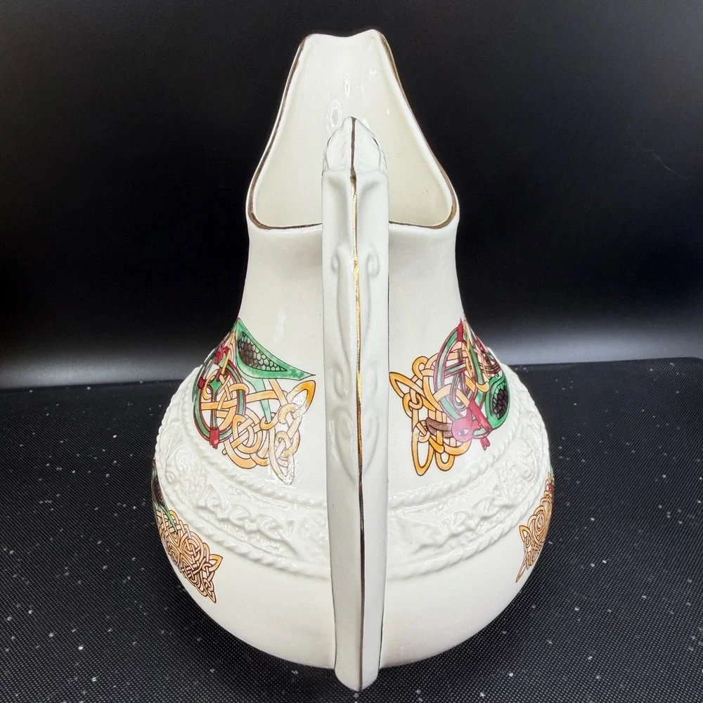 Cre Irish Porcelain Celtic Pitcher Galway Ireland Serpent Handle Gold Trim 7in‎
